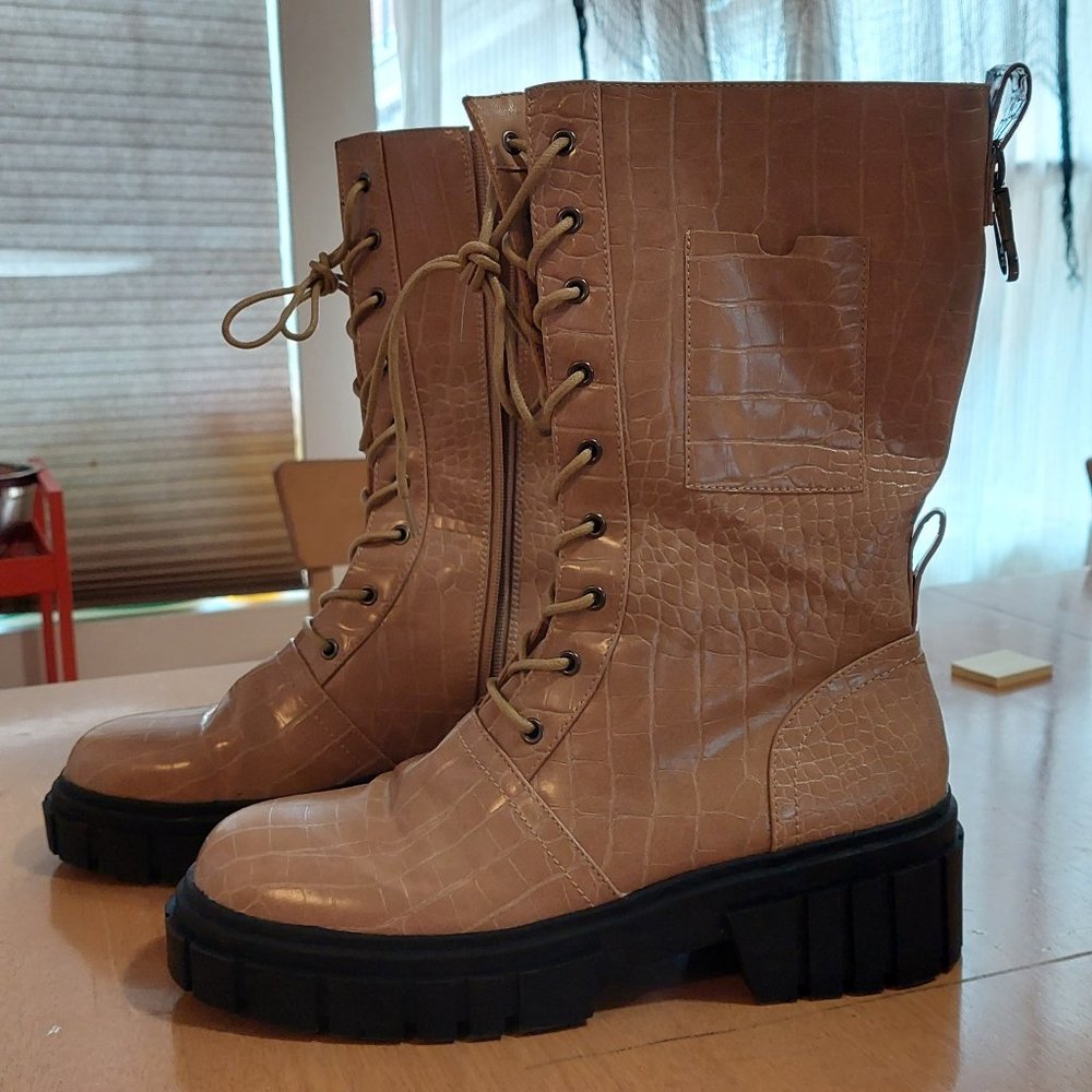 Nasty Gal Croc Embossed Faux Leather Lace Up Boots, size 8/41